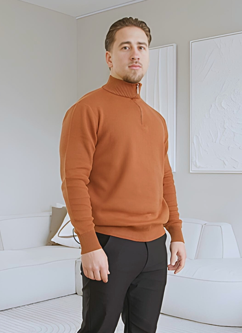 Half-Zip Knit Sweater - Brown