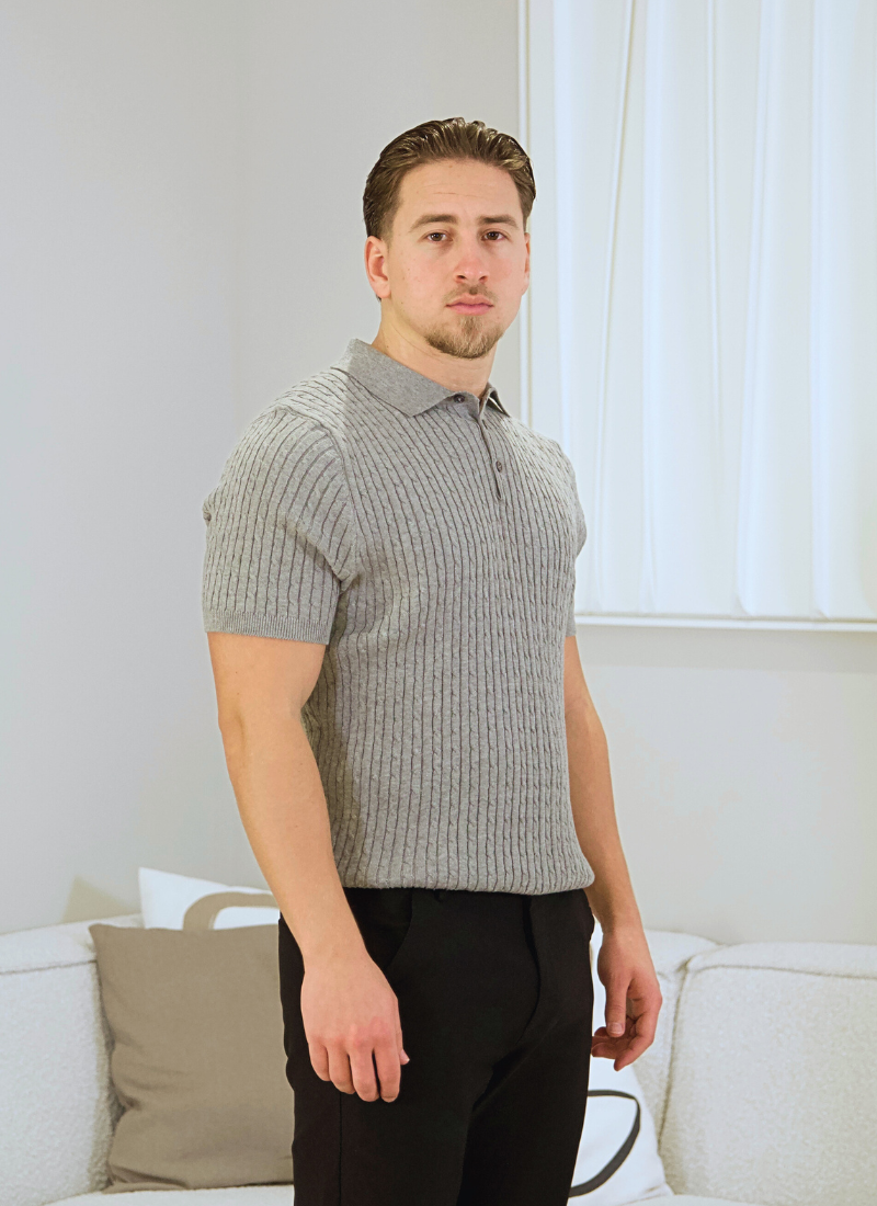 Fine Cable Knit Polo Shirt - Grey