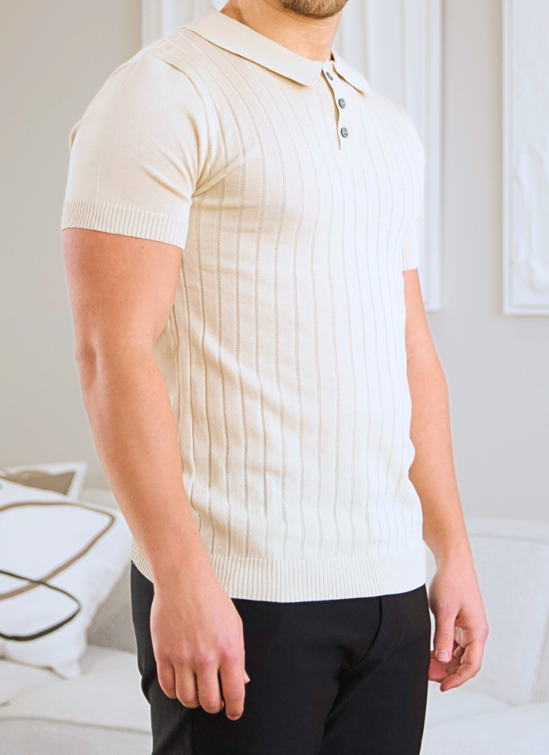 Ribbed Polo Shirt - Beige