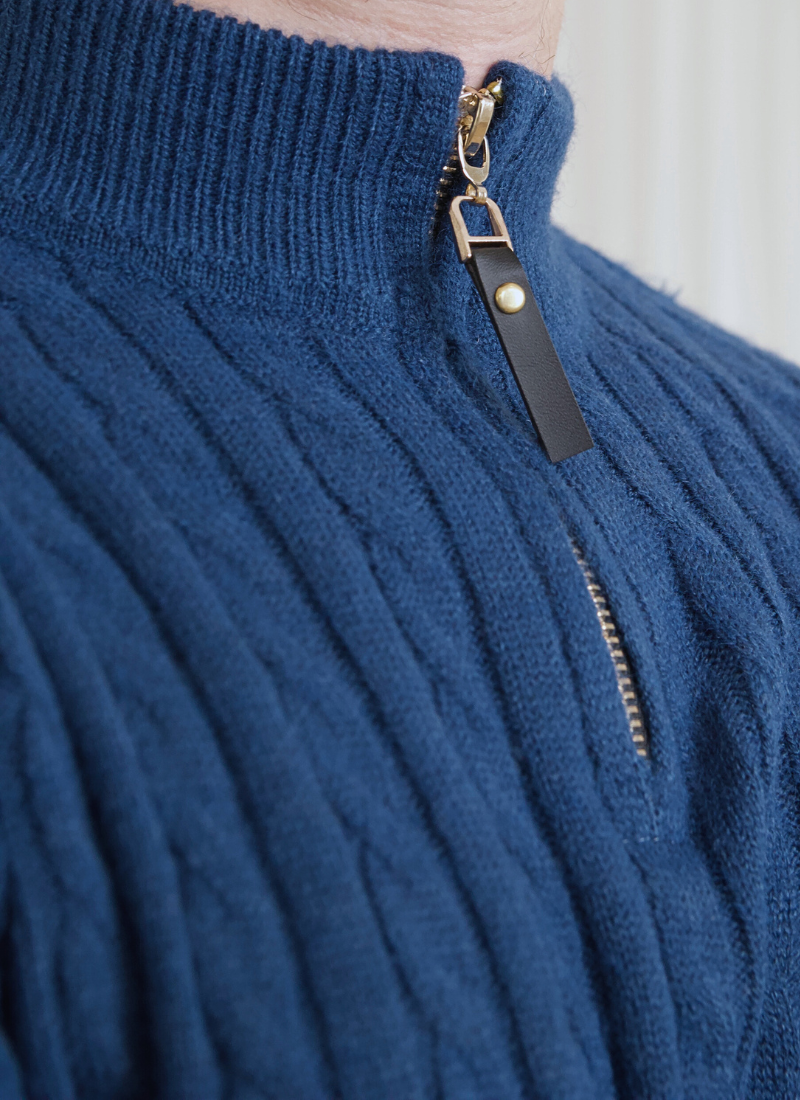 Half-Zip Cable Knit Sweater - Blue