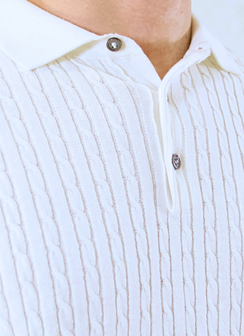 Fine Cable Knit Polo Shirt - White