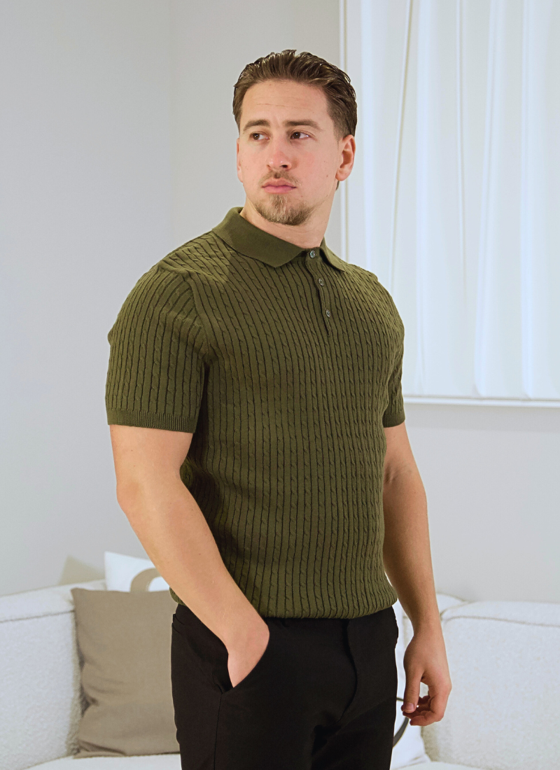 Fine Cable Knit Polo Shirt - Green