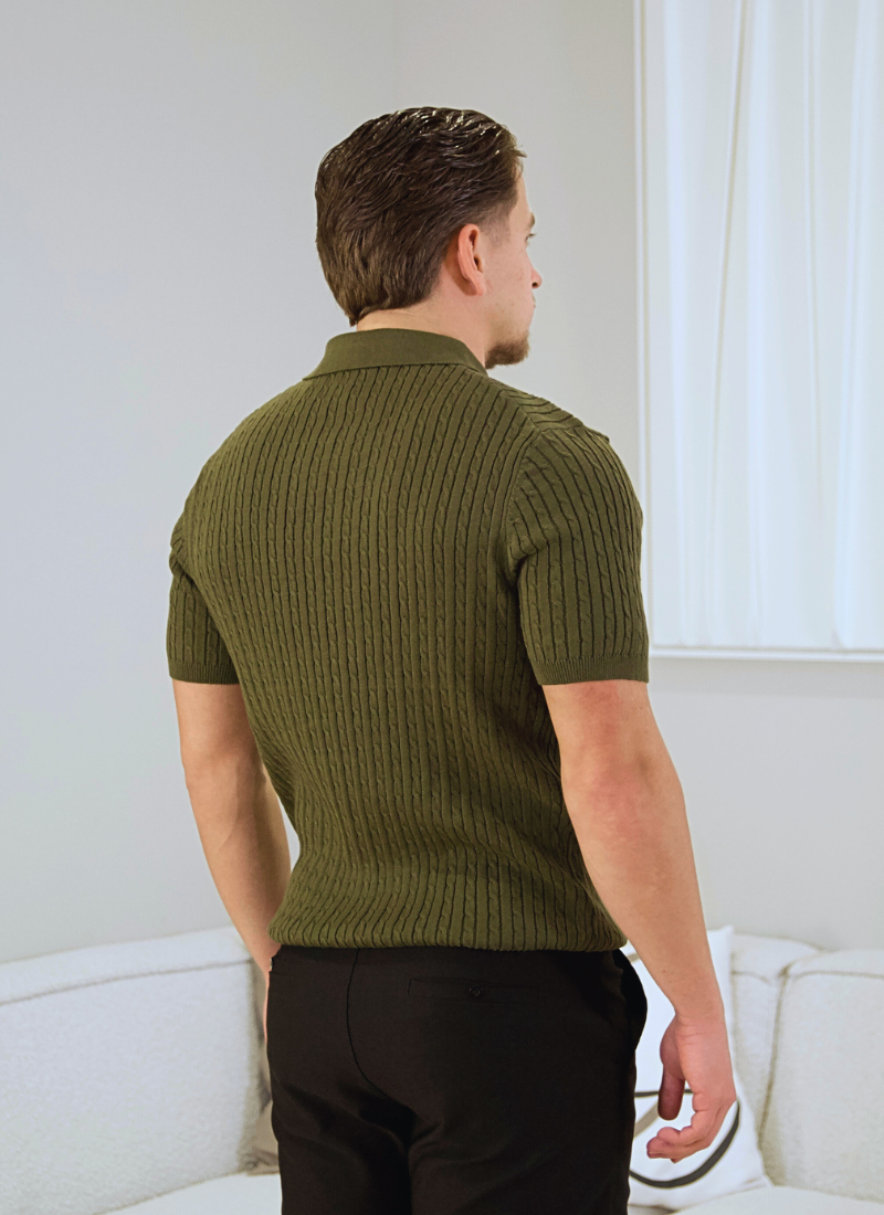 Fine Cable Knit Polo Shirt - Green