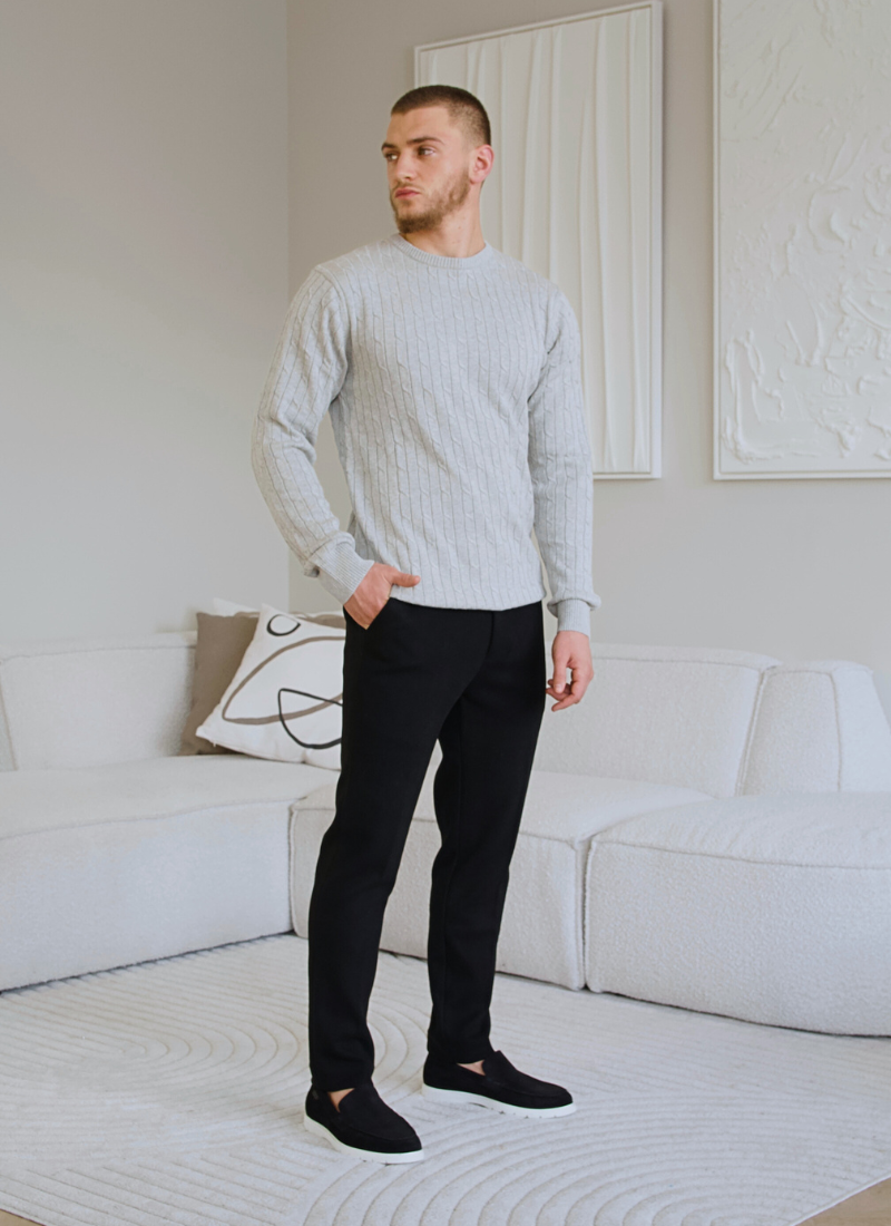 Cable Knit Wool-Cashmere Sweater - Grey