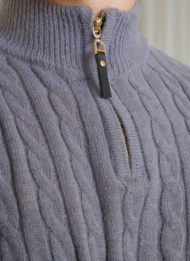 Half-Zip Cable Knit Sweater - Grey