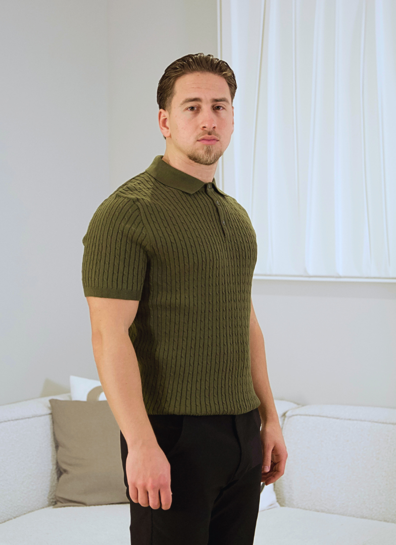 Fine Cable Knit Polo Shirt - Green