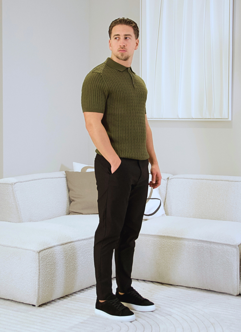 Fine Cable Knit Polo Shirt - Green