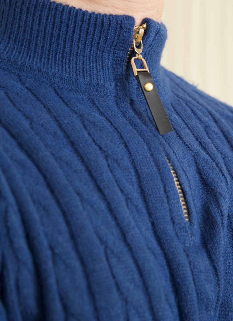 Half-Zip Cable Knit Sweater - Blue