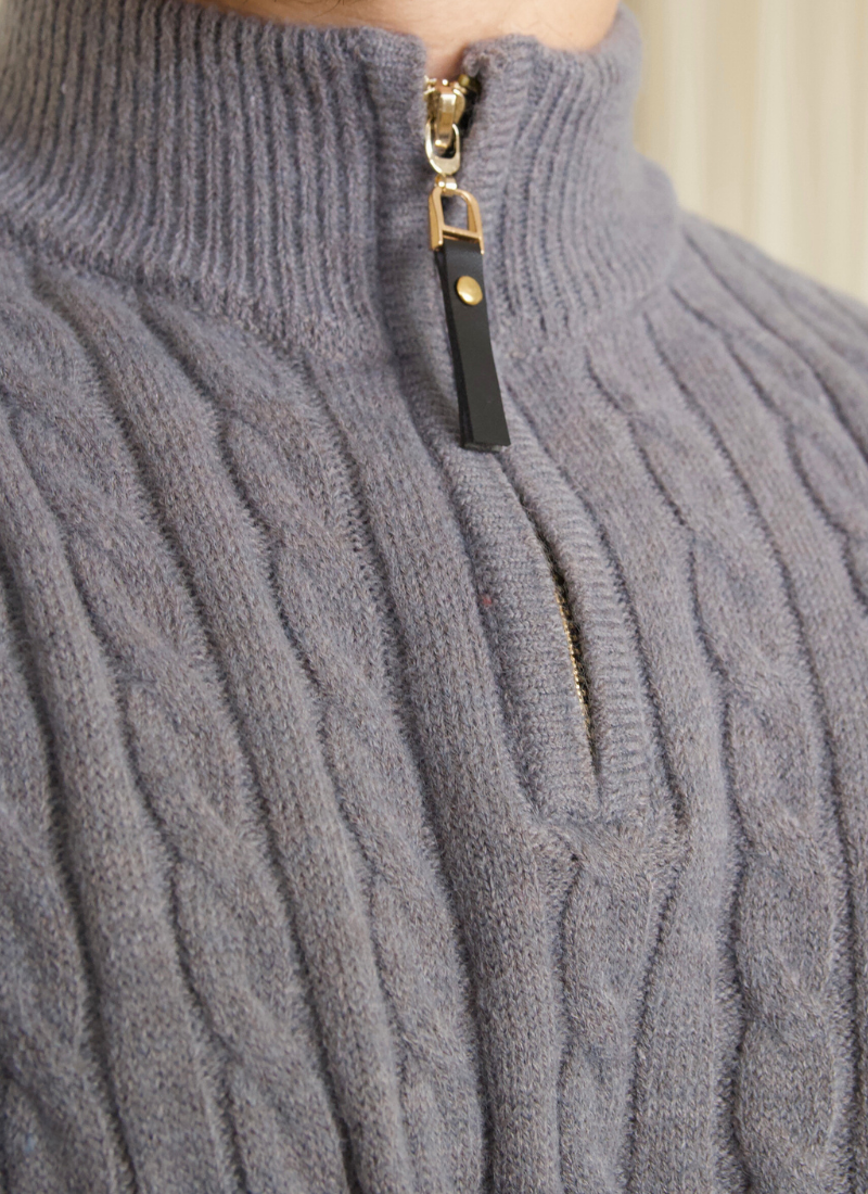 Half-Zip Cable Knit Sweater - Grey