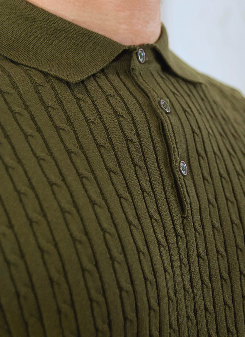 Fine Cable Knit Polo Shirt - Green