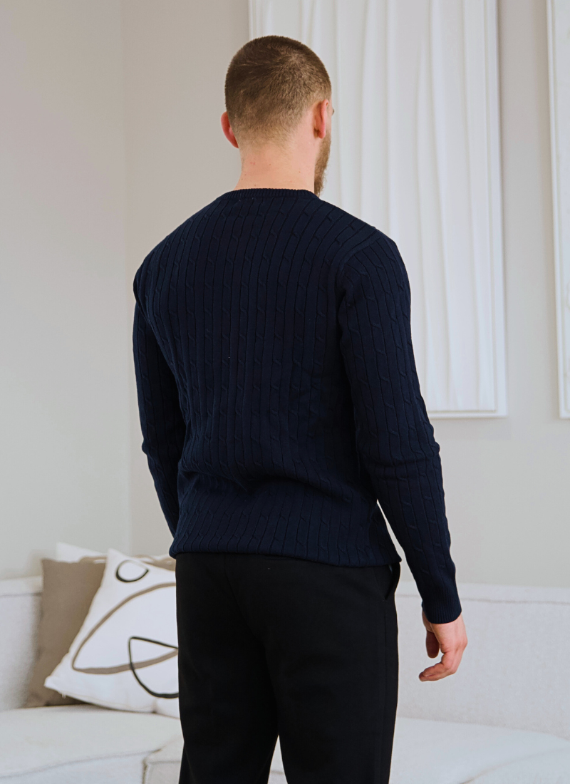 Cable Knit Wool-Cashmere Sweater - Navy