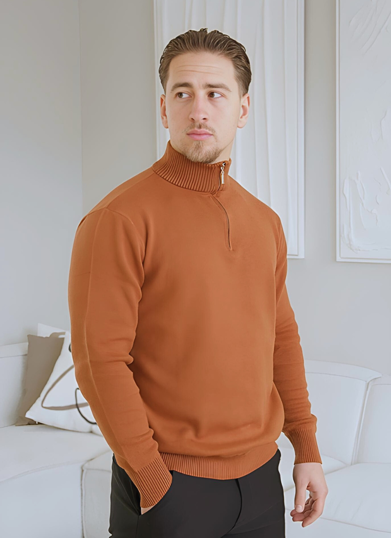 Half-Zip Knit Sweater - Brown